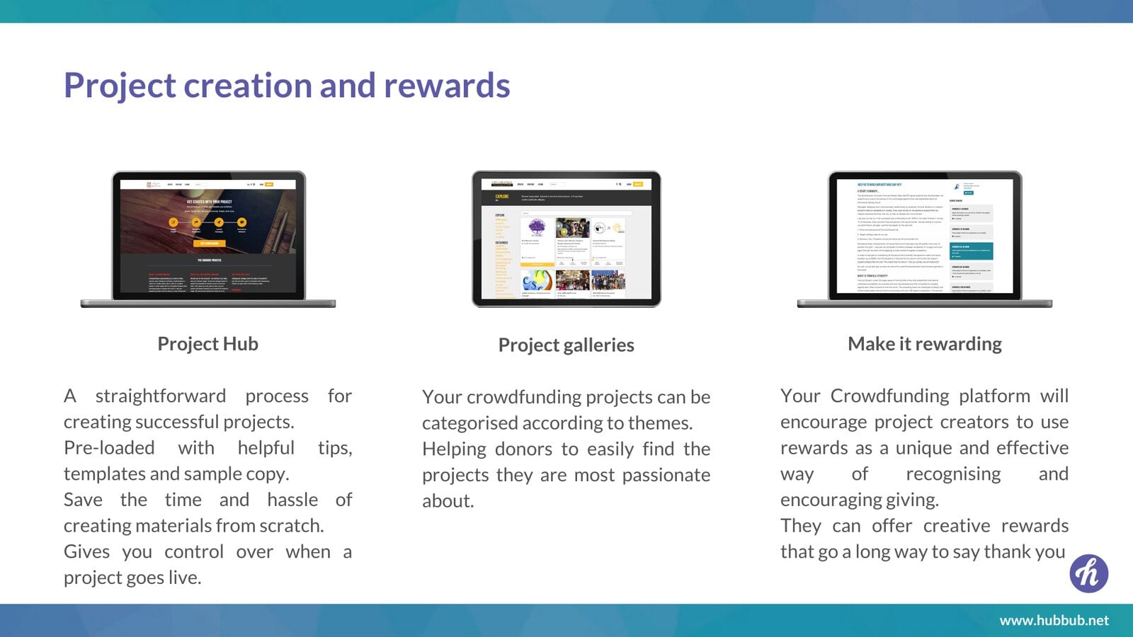 Simple project creation, galleries and rewards