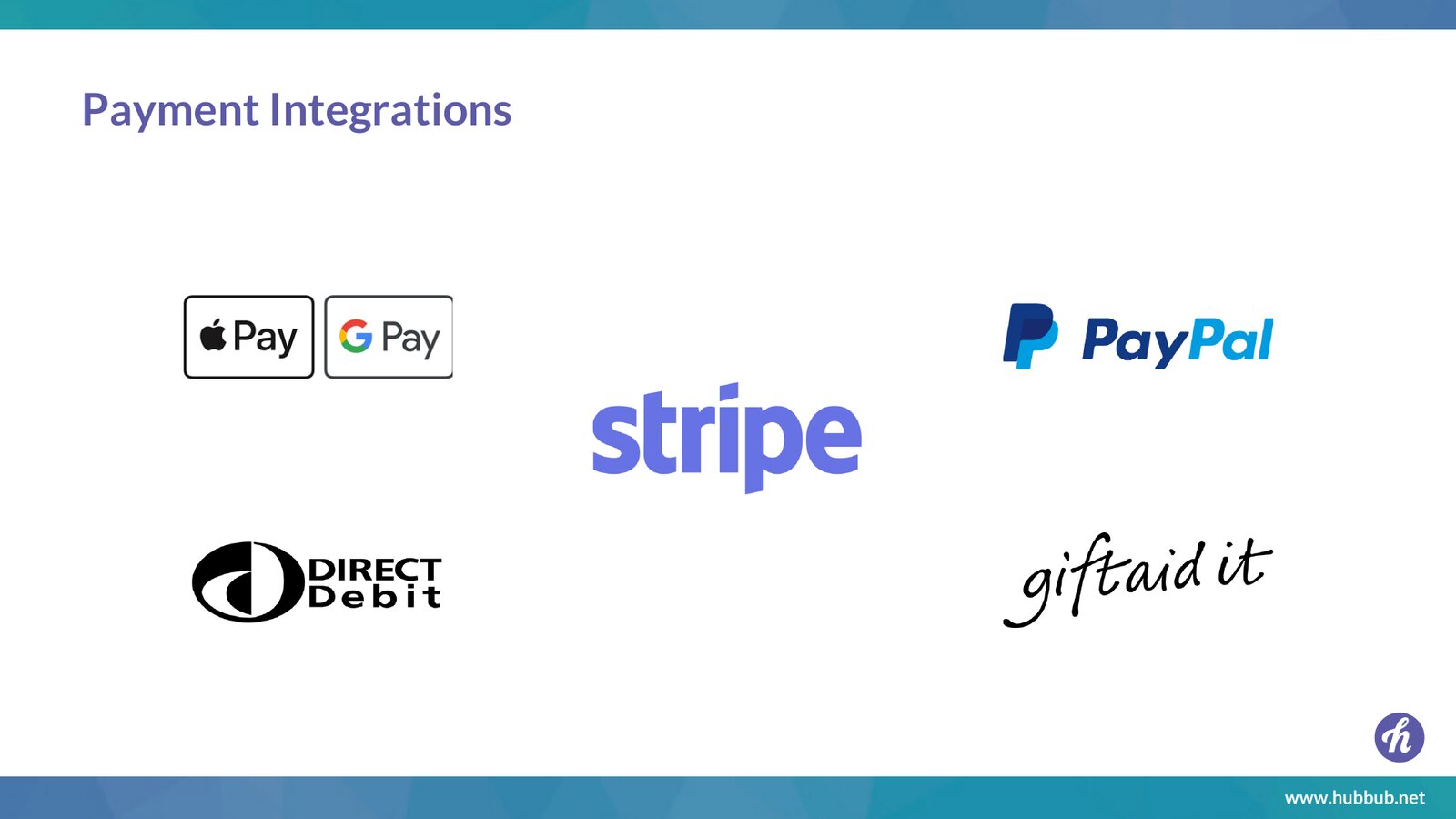 Built-in payment integrations, including Gift Aid